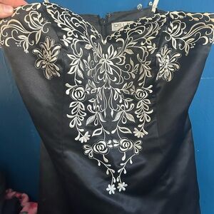 Strapless Black Dress with Ivory Floral Embroidery